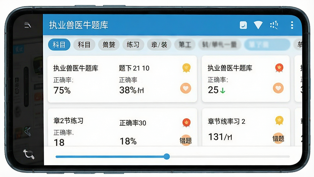 手机屏幕展示执业兽医牛题库章节练习列表页面,主体是一部竖屏安卓手机,布局为顶部软件名称“执业兽医牛题库”与科目分类标签,中间为章节练习题目卡片列表,底部为答题进度条,排版整齐清晰,风格为清爽教育类APP界面,细节包含题目数量、正确率百分比、错题标记图标,画质高清干净无多余元素