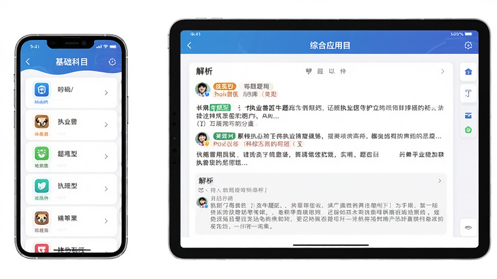 平板与手机双设备展示执业兽医牛题库科目分类界面,主体为一部手机和一台平板并排摆放,布局为左侧手机显示基础科目列表,右侧平板显示综合应用科目题目详情,排版对称整洁,风格为现代教育科技感,细节包含科目图标、题型标签、解析文字区域,画质高清干净无多余元素