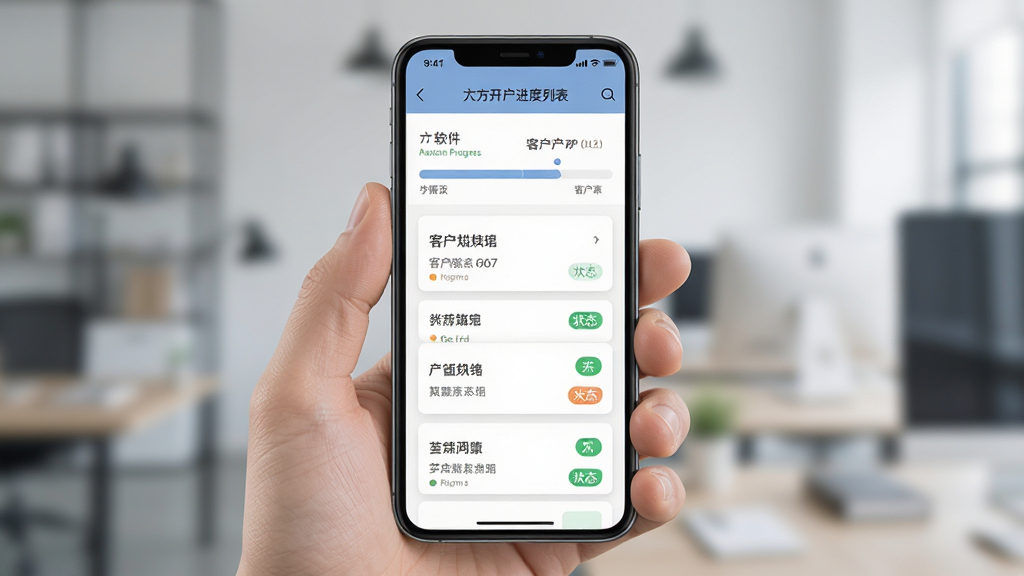 手机屏幕显示大方软件客户开户进度列表界面,主体为一部竖屏智能手机,布局居中,排版简洁,风格为现代商务扁平化,细节包括进度条、客户姓名卡片、状态标签,画质清晰干净,无多余元素
