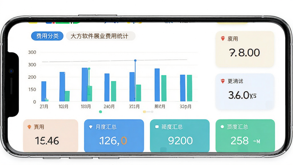 大方软件展业费用统计页面手机截图,主体为手机屏幕展示柱状图和数字卡片,布局上下结构,排版整齐,风格清新简约,细节包括费用分类标签、月度汇总数字,画质高清干净,无多余元素