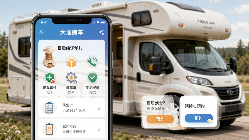 大通房车APP服务页面,手机屏幕展示用车贴士与售后维保预约界面,主体为手机与房车服务场景组合,布局上下结构排版,风格温馨实用,细节包含保养图标与预约卡片,画质清晰干净无多余元素
