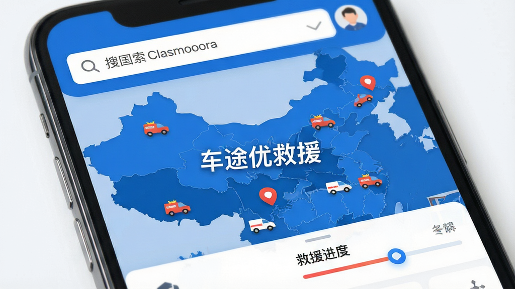 手机应用中显示全国救援地图界面,主体为蓝色调地图与救援车辆图标,布局为上方搜索栏下方地图区域,排版简洁清晰,风格为现代科技感扁平化设计,细节包含定位标记与救援进度条,画质高清干净无多余元素,画面中央标注“车途优救援”字样