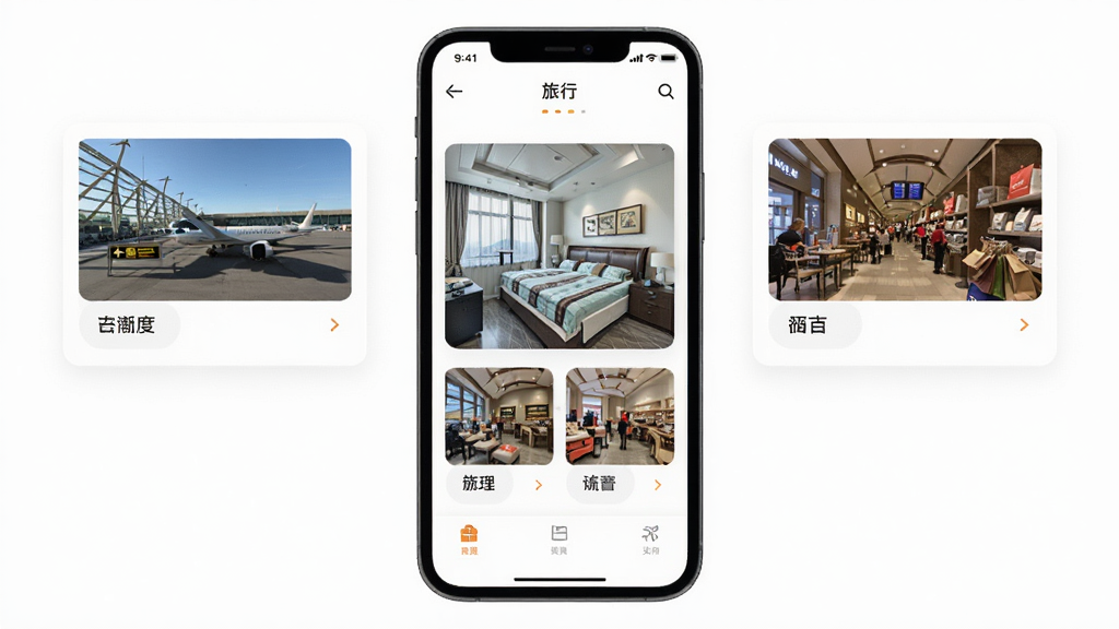 手机屏幕显示带着英语去旅行App的实景图片词汇学习界面,主体为手机与实景照片卡片,布局居中展示,排版清晰,风格现代简约,细节包含机场、酒店、购物场景缩略图与中文标注,画质高清,干净,无多余元素