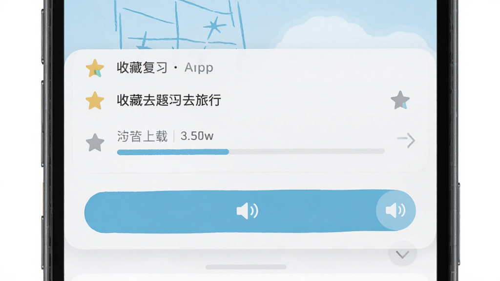 手机界面展示带着英语去旅行App收藏复习列表与离线下载状态,主体为手机屏幕,布局上下分区,排版整齐,风格清爽浅色,细节包含收藏星标、章节下载进度条与发音按钮,画质高清,干净,无多余元素
