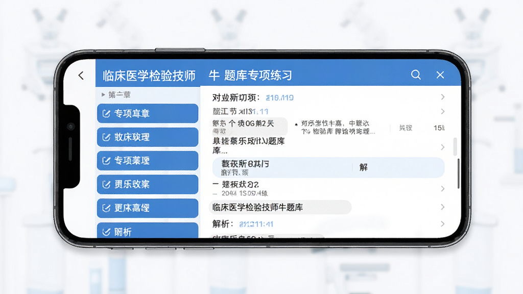 手机屏幕展示临床医学检验技师牛题库专项练习页面,左侧章节列表,右侧试题与解析,简洁蓝白配色,扁平化UI风格,高清画质,干净无多余元素