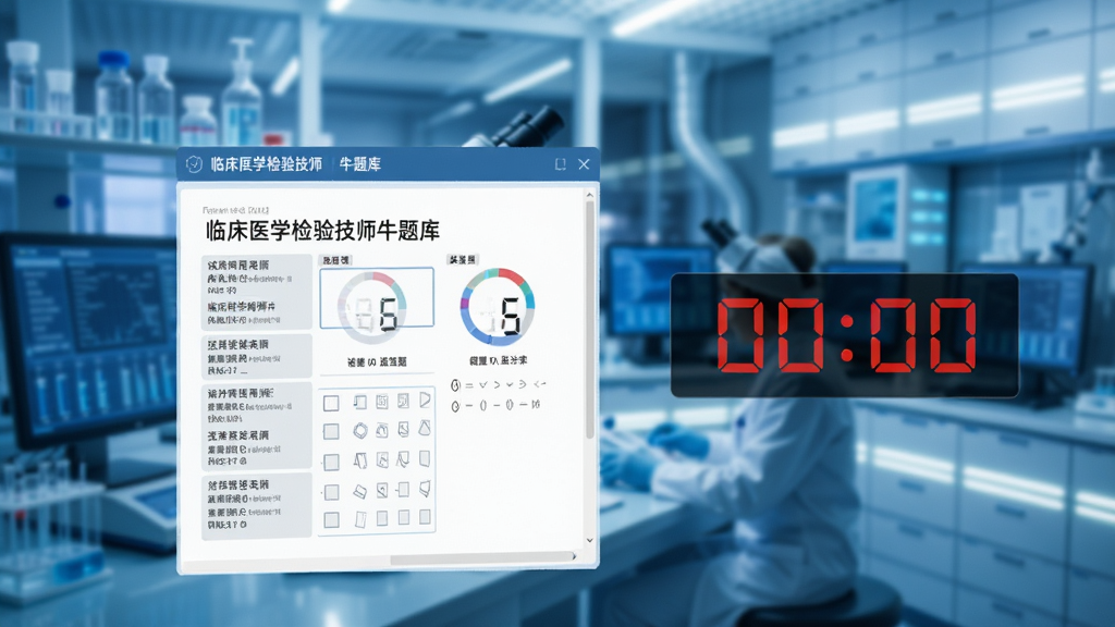 临床医学检验技师牛题库模拟考试界面,试卷答题卡与倒计时显示,背景为检验科实验室虚化场景,科技感蓝调,高清画质,干净整洁