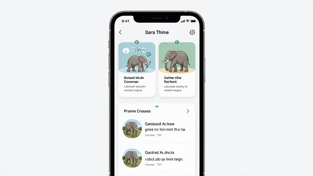 大象原版英语 学习界面 展示模块化课程与原版阅读材料 主体为手机屏幕 布局居中 排版上下分布 风格清新简约 细节为课程卡片与阅读列表 画质高清 干净 无多余元素