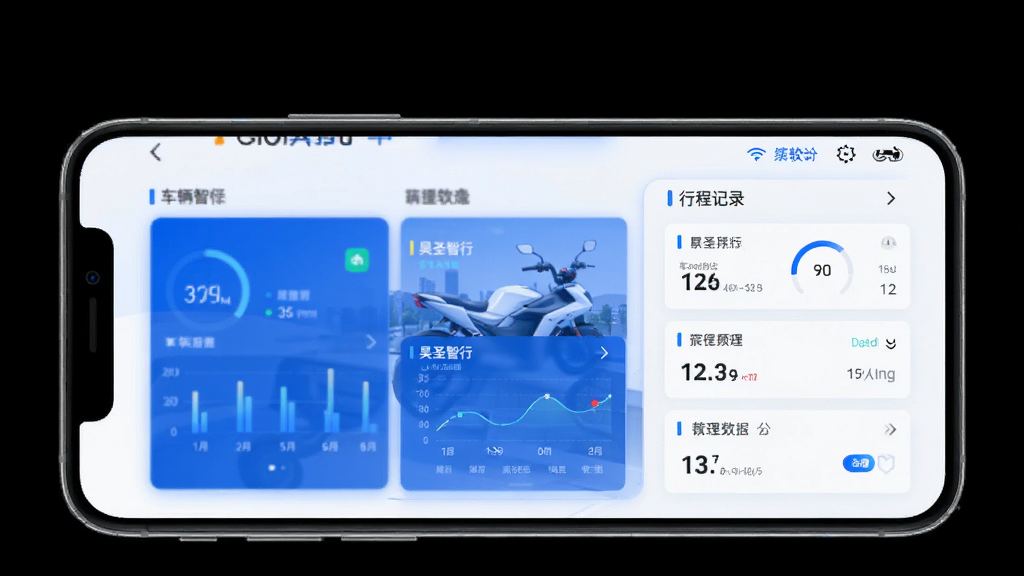 昊圣智行电动车管理软件界面展示,手机屏幕显示车辆状态与行程记录,主体居中布局,简约科技风格,蓝白配色,细节清晰,画质干净高清,无多余元素