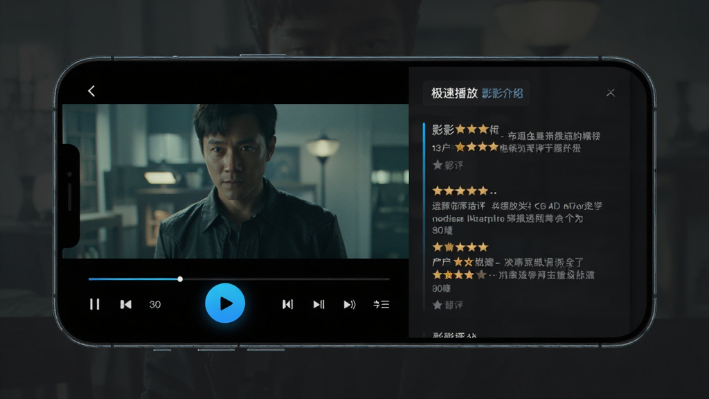 软件名称极速播放,主体为手机屏幕显示电影播放界面与影评介绍侧栏,布局为左右分栏展示播放画面和文字影评,排版清晰有序,风格为现代简约UI设计,细节包括深色背景与高亮播放按钮,画质高清干净无多余元素