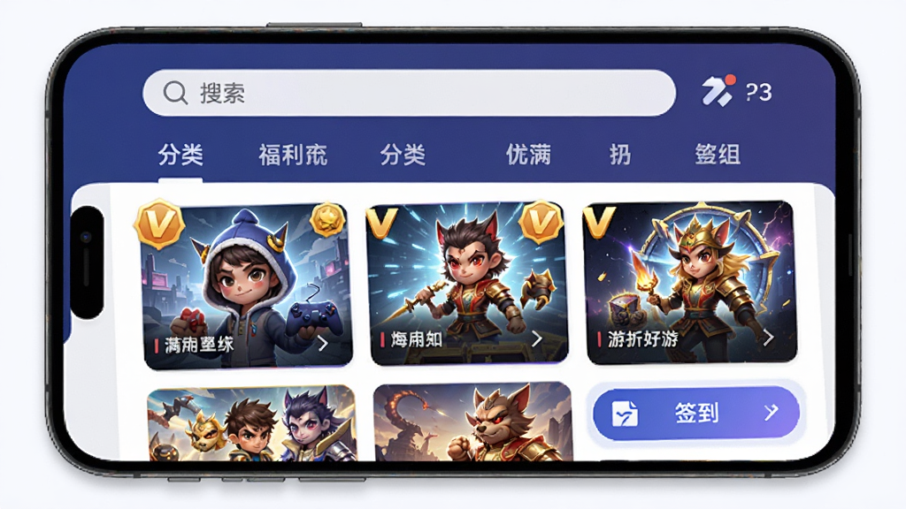 爆折好游软件界面展示,主体为手机屏幕显示游戏福利平台首页,布局采用上下分区排版,上方为搜索栏与分类导航,下方为游戏卡片网格列表,风格简洁现代科技感,细节包含满V标识与签到按钮,画质清晰干净无多余元素