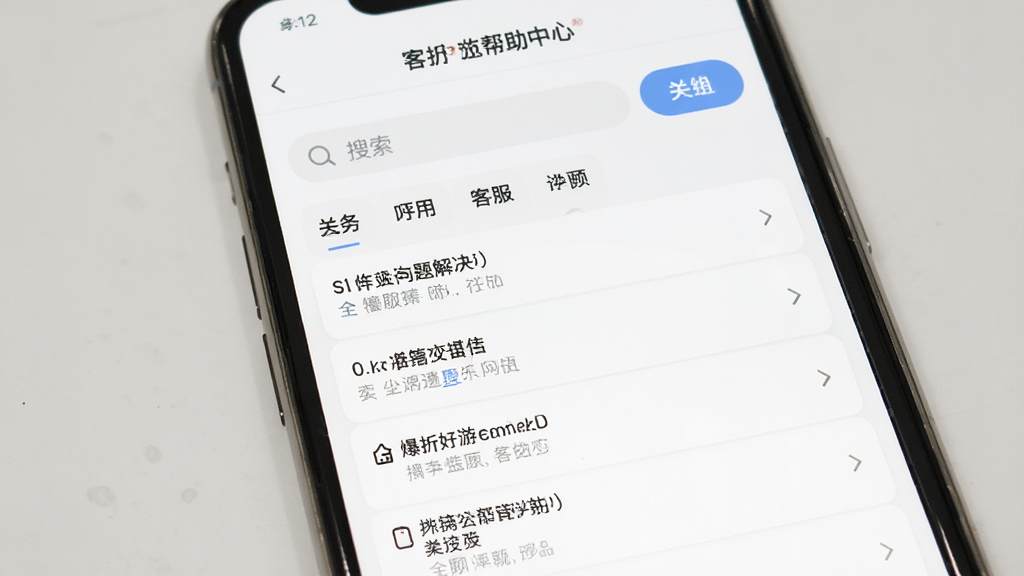 爆折好游常见问题解决界面,主体为手机屏幕显示客服帮助中心页面,布局为列表式问答排版,风格简约清晰,细节包含搜索框与分类标签,画质干净无多余元素
