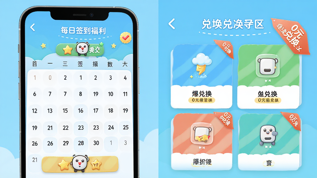 爆折好游每日签到福利页面,主体为手机屏幕显示签到日历与兑换专区,布局为日历网格加卡片列表排版,风格活泼清新,细节包含连续签到天数标识与0元兑换标签,画质清晰干净无多余元素