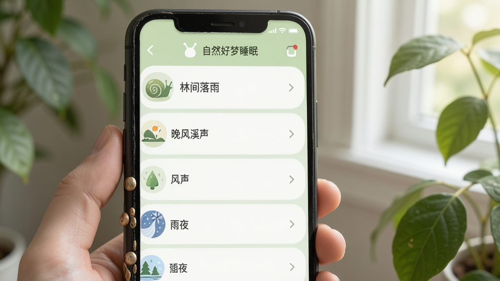 手机屏幕展示蜗牛好梦睡眠应用界面,画面主体是一部竖屏手机,屏幕内为自然音效列表页面,包含林间落雨、晚风溪声、风声、雨夜等条目,布局简洁居中,排版清晰,风格温柔治愈,细节为浅绿色背景与柔和图标,画质高清,干净,无多余元素