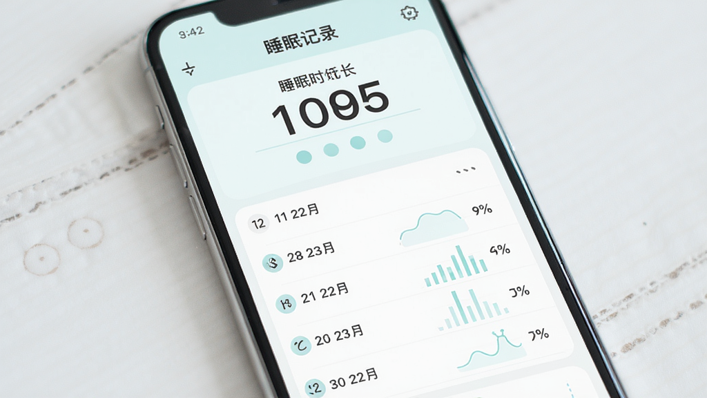 蜗牛好梦睡眠睡眠记录页面,主体为手机屏幕显示睡眠时长统计与历史记录列表,布局上下结构,上方为时长数字,下方为日期列表,排版整齐,风格清新浅色,细节为柔和蓝绿色调与简洁图表,画质清晰,干净,无多余元素