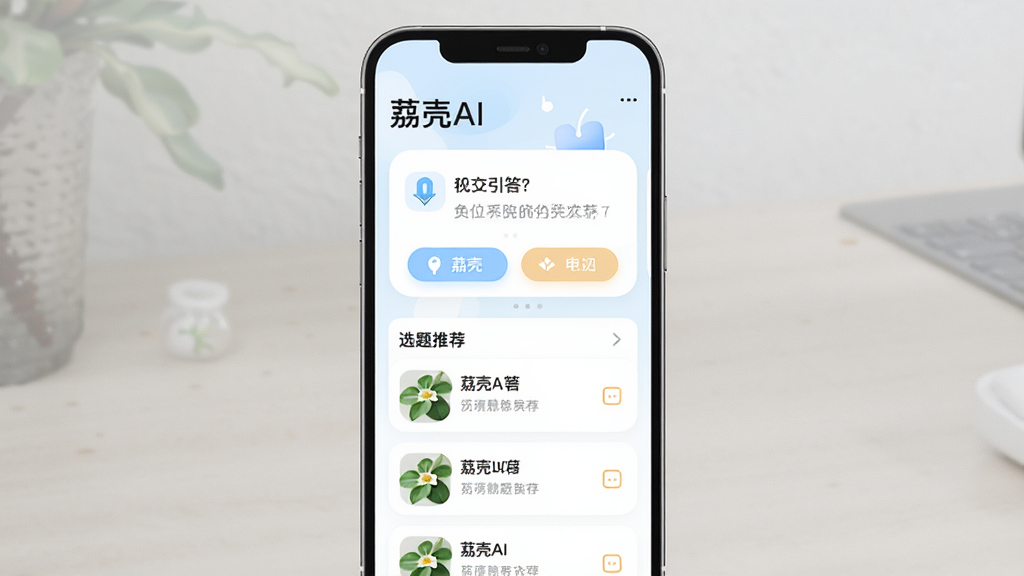 手机屏幕展示荔壳AI应用界面,主体为居中竖屏手机,布局上方为应用名称“荔壳AI”,中部为定位引导问答卡片与选题推荐列表,排版简洁清晰,风格为清新浅色扁平化设计,细节包含圆角按钮与图标,画质高清,干净,无多余元素