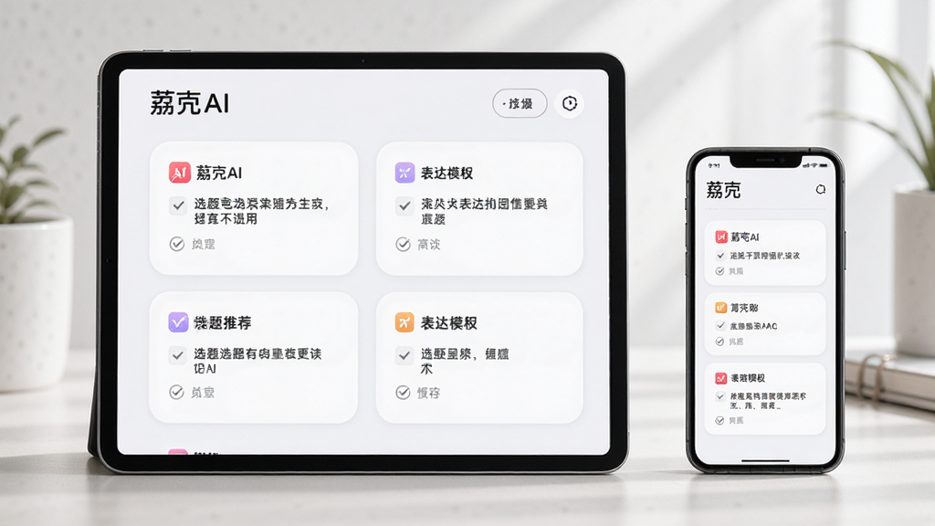 桌面场景中平板与手机同时显示荔壳AI的选题推荐与表达模板页面,主体为并排设备,布局左平板右手机,排版整齐,风格为柔和圆角商务风,细节包含清单勾选图标与文字卡片,画质清晰,干净,无多余元素