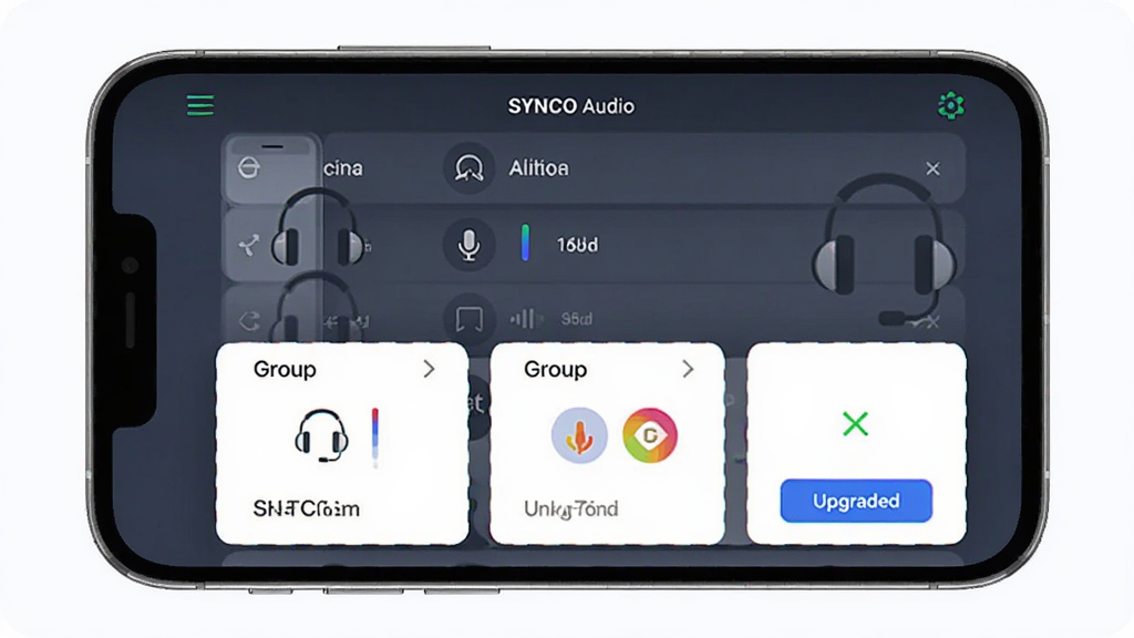 ����Ϊһ�������ֻ���Ļ��ʾSYNCO AudioӦ�ý��棬����Ϊ����չʾ�豸�б���Ⱥ�鿨Ƭ���Ű�������Ϊ���¹����������Ϊ�ִ���Լ�Ƽ��磬ϸ�ڰ�������ͼ�ꡢ��˷��������������ǩ��������ť�����ʸ���ɾ��޶���Ԫ��