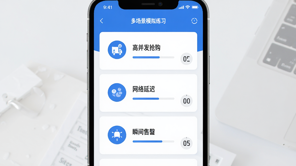 手机应用界面展示抢票训练营多场景模拟练习页面,主体为居中排列的场景卡片列表,包含高并发抢购、网络延迟、瞬间售罄三个场景图标,布局清晰上下分区,排版采用卡片式网格设计,风格为简约科技蓝配色,细节处有进度条与倒计时元素,画质高清干净无多余元素