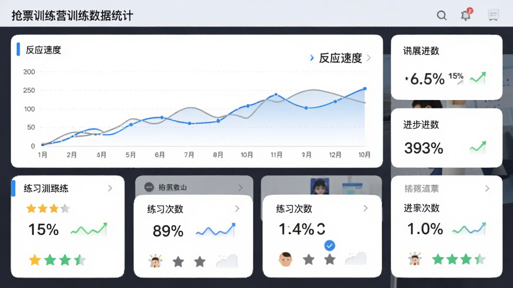 抢票训练营训练数据统计页面,主体为居中的数据图表与数字面板,布局上方为反应速度折线图下方为练习次数统计卡片,排版左右分栏展示关键指标,风格为清新浅色商务风,细节包含星级评分与进步百分比标识,画质清晰干净无多余元素