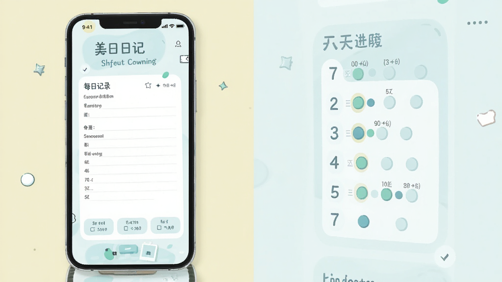 美丽日记功能展示图,手机界面显示每日记录表单与7天进度圆点,清爽浅色布局,扁平插画风格,文字清晰,高清画质,干净无多余元素