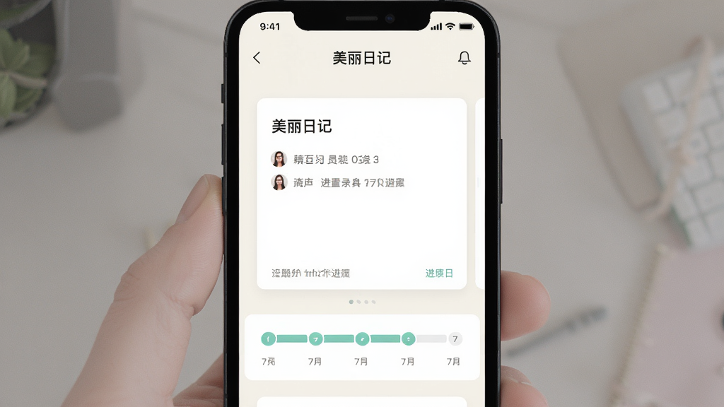 美丽日记应用主界面,手机屏幕居中展示日记记录卡片和7天进度条,浅色背景,简洁排版,扁平化风格,细节清晰,高清画质,干净无多余元素