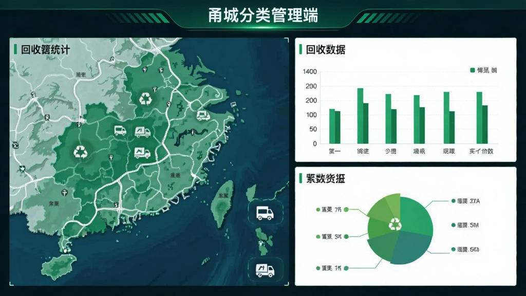 画面主体为一块数据大屏展示“甬城分类管理端”回收数据统计图表,布局为左侧地图右侧柱状图与饼图,风格为现代商务科技风,细节包含绿色环保色调与回收车辆图标,画质高清干净无多余元素