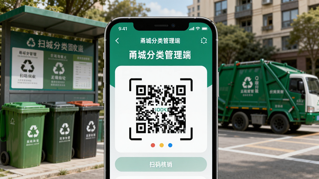 画面主体为一部智能手机屏幕显示“甬城分类管理端”扫码核销界面,背景为小区垃圾分类回收点,布局采用居中排版突出手机屏幕,风格为写实科技感,细节包含绿色分类垃圾桶与回收车辆,画质清晰干净无多余元素