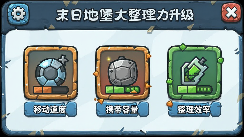 末日地堡大整理能力升级界面,移动速度、携带容量、整理效率三项属性图标,卡通风格UI界面,干净简洁,高质量游戏界面展示