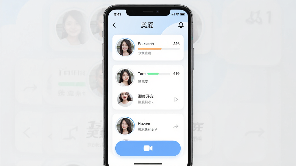 一款名为“美爱”的手机社交应用界面,主体为手机屏幕展示同城好友推荐列表,布局采用居中对称排版,风格清新现代,细节包含真人头像卡片、亲密度进度条与视频通话按钮,画质高清干净无多余元素