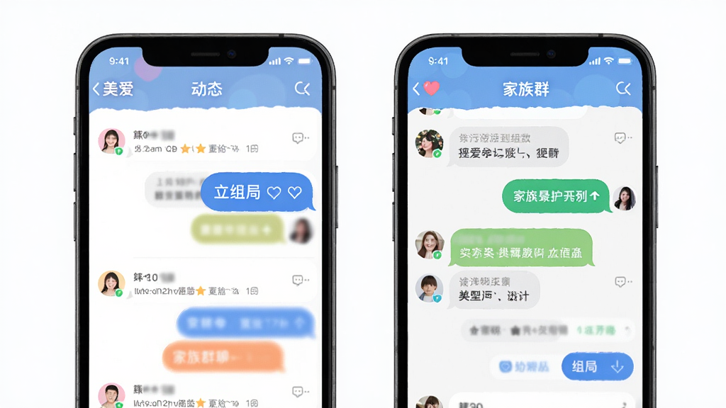 “美爱”应用动态广场与家族群聊界面,主体为手机屏幕展示动态信息流和群聊窗口,布局上下分栏排版,风格明快活泼,细节包含点赞评论图标、群聊气泡与组局按钮,画质清晰干净无多余元素