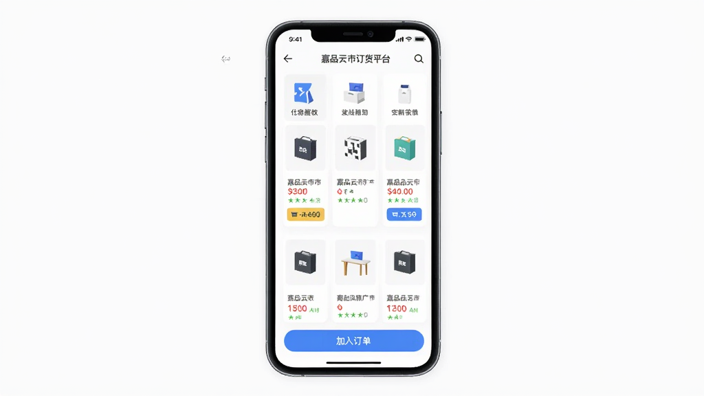 手机屏幕展示嘉品云市订货平台商品列表页面,主体为一部竖屏手机,布局居中,排版简洁,风格为现代商务扁平化,细节包括商品分类图标、价格标签和加入订单按钮,画面干净无多余元素,高清画质