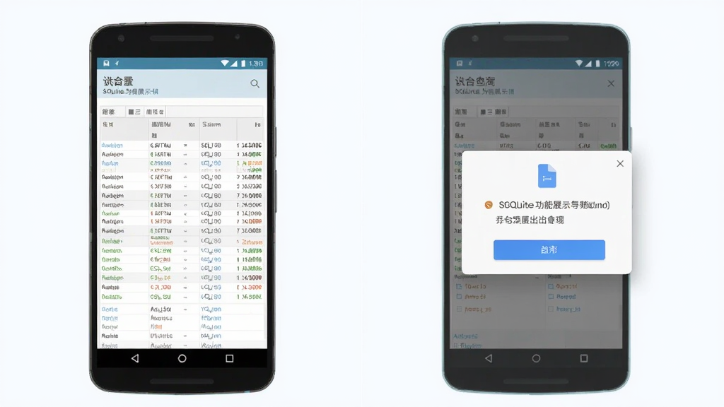 SQLlite 功能展示图,画面为手机屏幕中数据库查询结果导出流程,主体为安卓手机与文件保存弹窗,布局左右分栏,排版整齐,风格为清爽浅色科技风,细节包含表格数据与导出按钮,画质干净清晰无多余元素