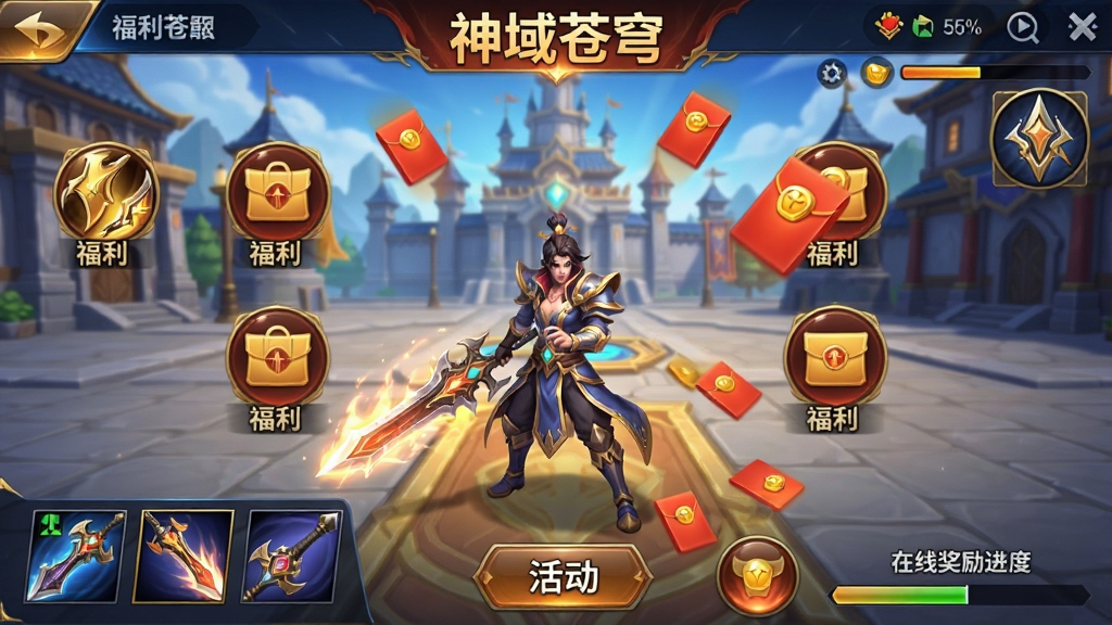 手机游戏界面展示,画面中央是角色手持发光武器站在主城广场,四周分布福利领取图标与通宝红包飘落特效,顶部显示游戏名称“神域苍穹”,整体布局为竖屏手游截图风格,色彩以金红与深蓝为主,细节包含装备栏、活动按钮与在线奖励进度条,画质清晰,干净,无多余元素