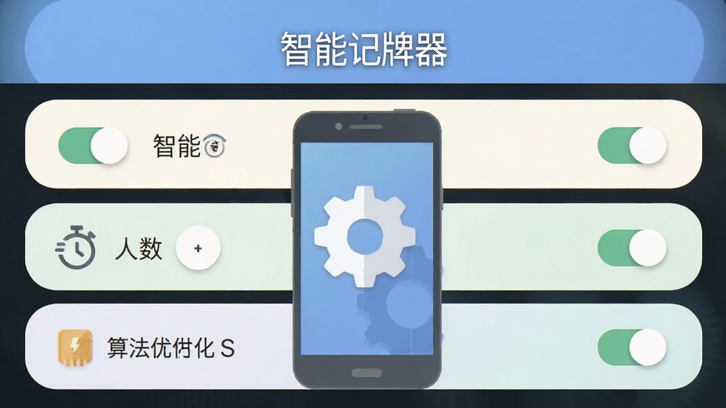 简洁的安卓手机界面展示软件设置页,主体为手机与齿轮图标组合,布局居中对称,排版上方标题下方三行功能条目,风格为柔和圆角浅色扁平风,细节包含识别开关、人数选择、算法优化标识等小图标,画质清晰干净无多余元素,图中文字标注“智能记牌器”