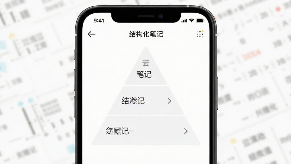 一款名为“结构化笔记”的手机软件界面,主体为金字塔层级结构的知识点列表,布局居中展示三层缩进条目,排版简洁清晰,风格简约现代,细节包含小字号层级标签与折叠箭头,画质干净高清,无多余元素