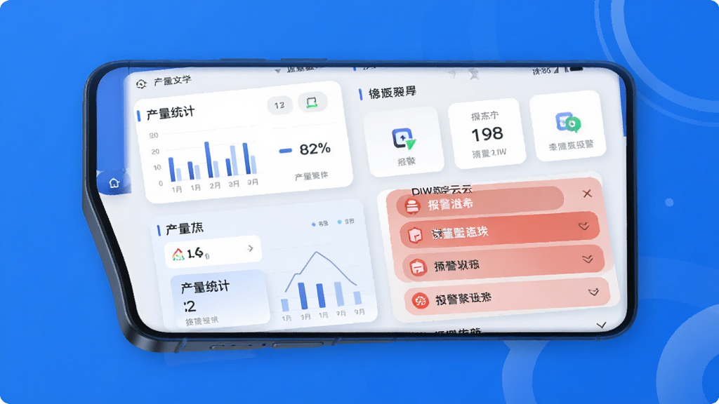 手机屏幕显示DIW数智云应用首页,蓝色调界面,产量统计卡片与报警列表清晰排布,扁平化设计风格,干净整洁,高清画质