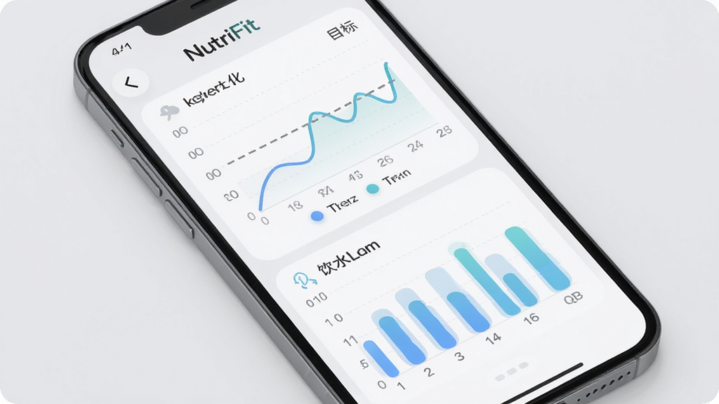 手机应用 NutriFit 数据趋势页面,主体为一部手机斜放居中,布局上屏幕内展示体重变化折线图与饮水柱状图上下排列,排版留白充足,风格为柔和圆角浅灰质感 UI,细节包括坐标轴刻度、图例小圆点与目标虚线,画质高清干净无多余元素