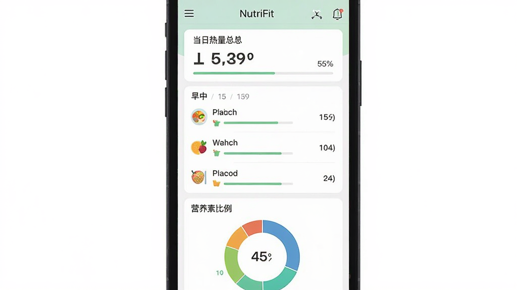 手机屏幕显示 NutriFit 应用饮食记录页面,主体为手机正面居中,布局上上方为当日热量汇总卡片,中部为早中晚三餐列表,下方为营养素比例环形图,排版简洁纵向排列,风格为清爽浅色扁平化 UI,细节包括食物小图标、进度条与数字标注,画质清晰干净无多余元素