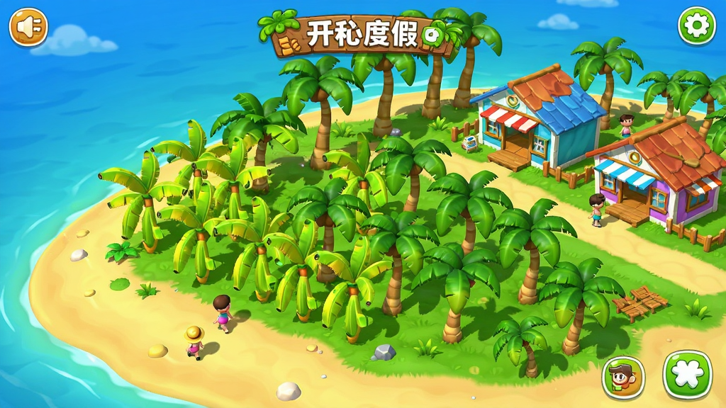 开心农场-热带度假游戏主界面,热带岛屿俯瞰视角,香蕉树和椰子树整齐排列,彩色小旅店坐落在海边,游客小人走动,明亮清新卡通风格,画面干净整洁,高清画质