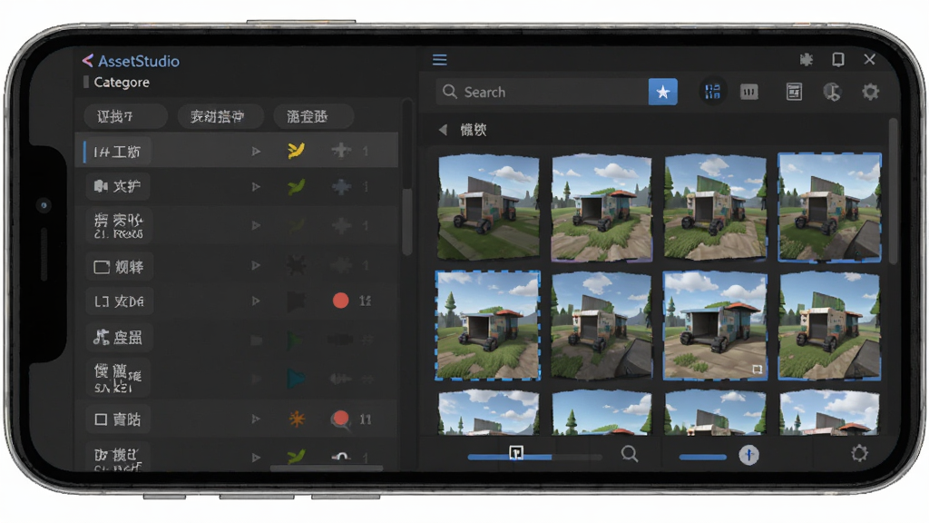 AssetStudio 软件界面展示,主体为手机屏幕中的资源列表与图片预览窗口,布局居中清晰,排版简洁,风格为现代扁平化科技风,细节包含分类标签、搜索框和缩略图网格,画质高清,画面干净,无多余元素