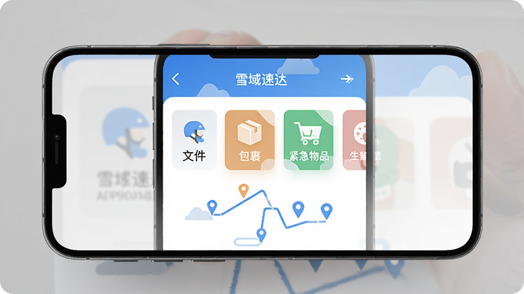 手机屏幕显示雪域速达App下单界面,界面中呈现文件、包裹、生鲜、紧急物品四个分类按钮,主体为手机居中摆放,布局简洁清晰,排版采用上下结构,风格为现代扁平化UI设计,细节包含骑手图标和配送路线示意,画质清晰干净,无多余元素