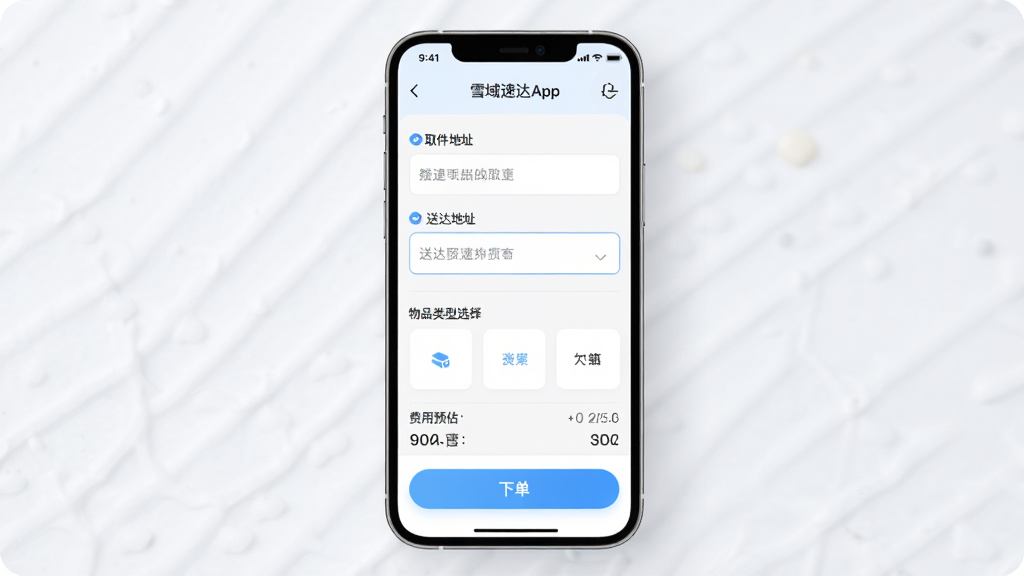 雪域速达App订单填写页面,画面中央为手机界面展示取件地址和送达地址输入框,下方为物品类型选择栏,布局为纵向排列,排版整齐,风格为清爽浅色系移动端设计,细节包含确认下单按钮和费用预估信息,画质高清干净,无杂乱元素