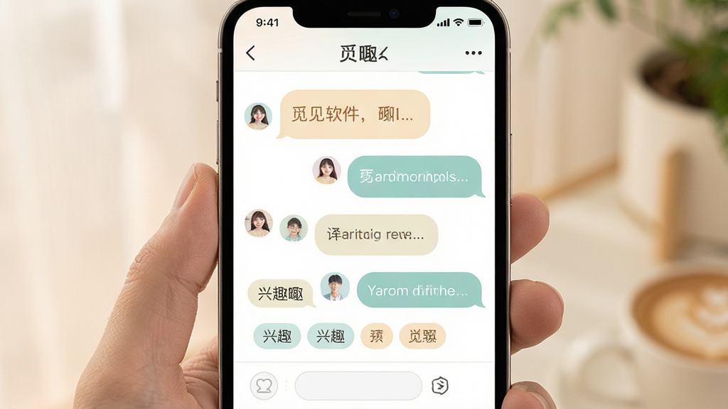 觅见软件聊天界面展示,主体为手机屏幕中的对话列表与兴趣标签,布局居中,排版简洁,风格温暖清新,细节包含柔和配色与圆角气泡,画质清晰干净,无多余元素