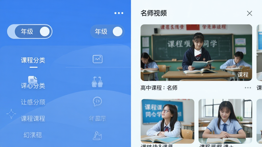 ���пγ�ͬ��ѧAPP��ҳ���棬����Ϊ�γ̷��ർ������ʦ��Ƶ�б����������½ṹ���Ű����룬�����ˬѧϰ�磬ϸ�ڰ����꼶�л���ť��γ̷�������ͼ�������������ɾ����޶���Ԫ��