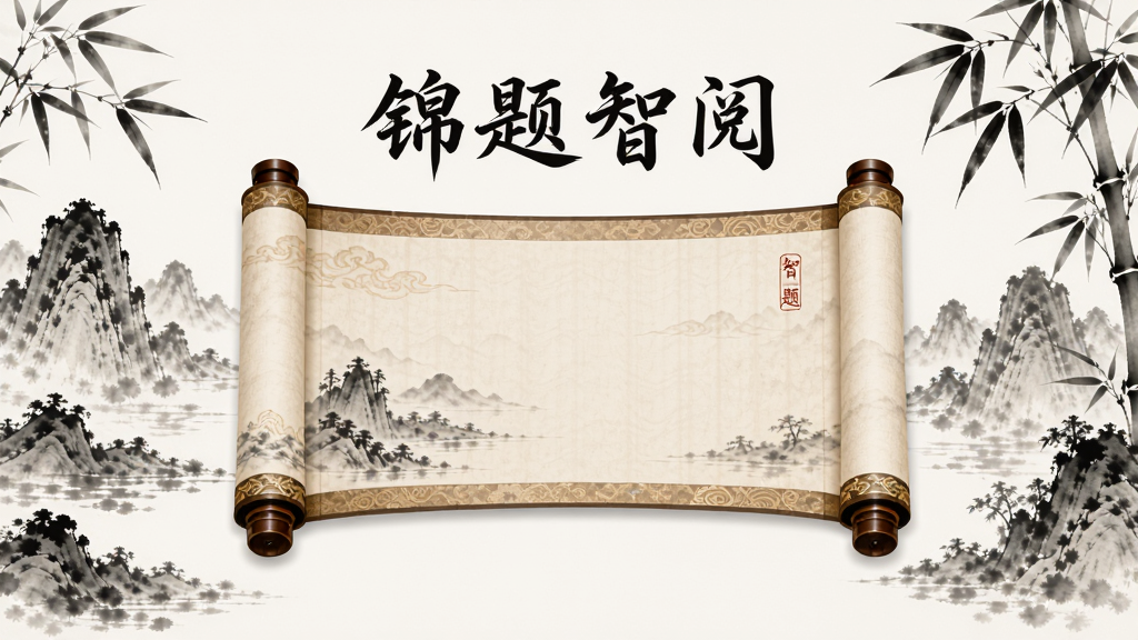 国风书卷风格的答题界面,画面中央是一卷展开的古风答题卷轴,上方写有“锦题智阅”四个字,左右两侧点缀水墨山水与竹叶元素,整体布局居中对称,排版简洁,中国风插画风格,细节精致,画质清晰,干净无多余元素