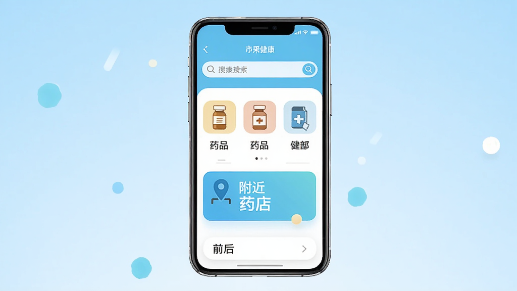 ����������һ�������ֻ�����Ļ��ʾ��������app����ҳ���棬�Ϸ����������в���ҩƷ����ͼ���븽��ҩ����ڣ�����Ϊ����չʾ�ֻ����棬����Ϊǳ��ɫ���䣬��������£�ϸ�ڰ����ֻ��߿�߹�������������������ʸɾ��������޶���Ԫ�ء�