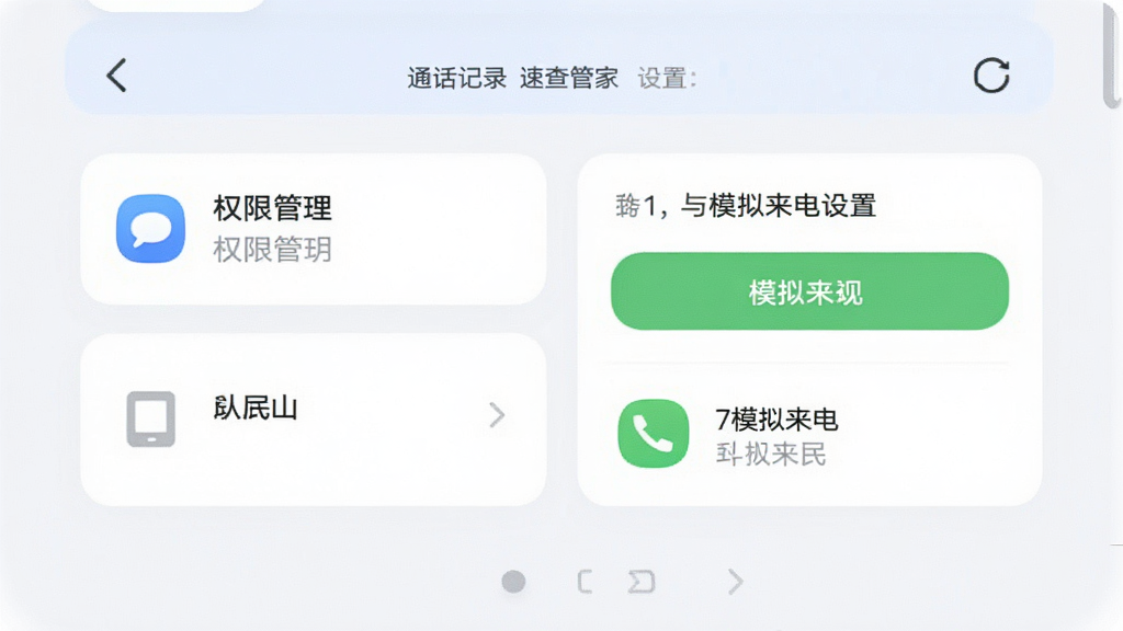 通话记录速查管家应用设置页面,展示权限管理与模拟来电设置选项,界面简洁,图标清晰,浅色背景,圆角卡片布局,高清画质,干净整洁