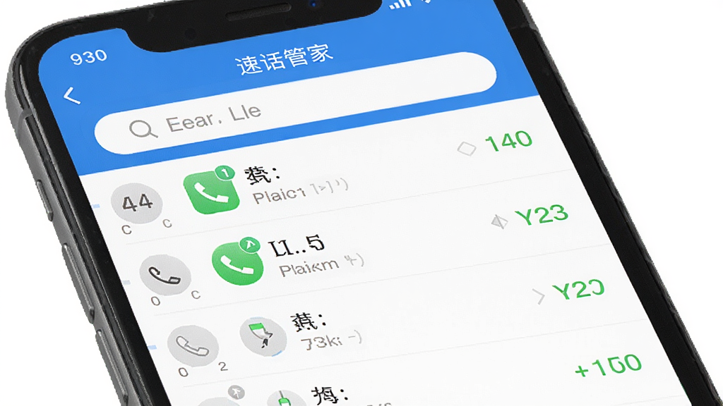手机屏幕显示通话记录速查管家应用界面,列表展示多条来电去电记录,顶部有搜索框,整体布局清晰,扁平化设计风格,蓝白色调,细节精致,高清画质,干净无多余元素