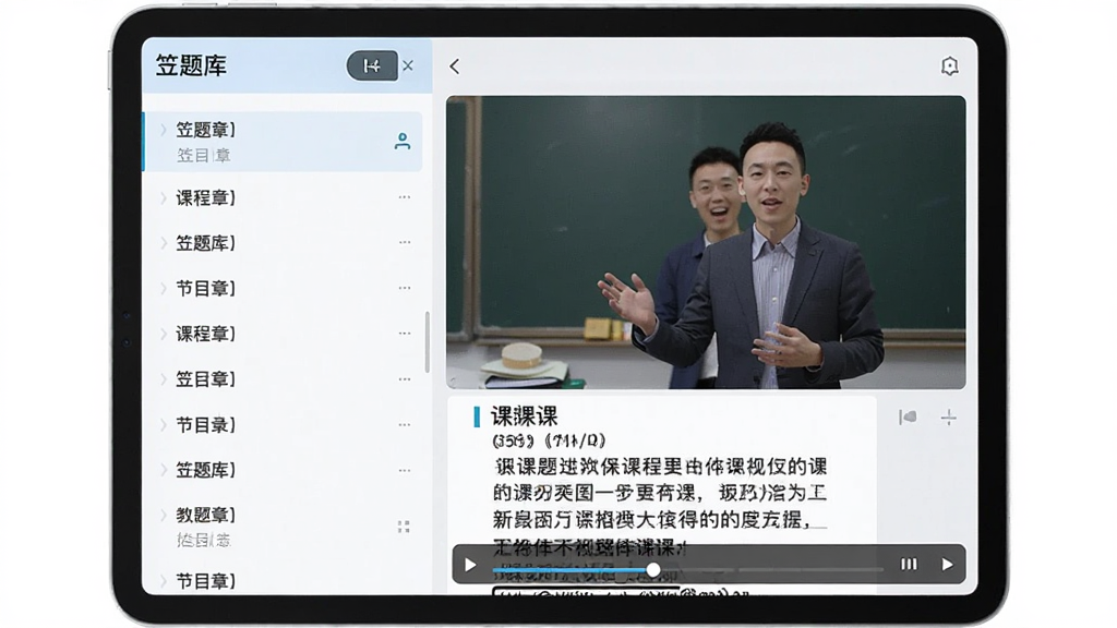 平板电脑播放“笠题库”视频课程画面,主体为一台横屏平板居中,布局左侧为课程章节目录列表,右侧为讲师授课视频窗口与课件讲义区域,排版左右分栏,风格为现代在线教育界面,细节包含倍速播放按钮和进度条,画质高清,画面干净,无多余元素