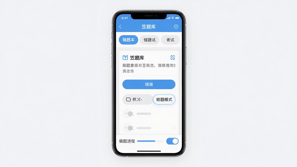 手机屏幕展示“笠题库”APP刷题界面,主体为一部竖屏手机居中摆放,布局上方为考试类别选择栏,中部为题目卡片与选项按钮,下方为做题进度条,排版简洁清晰,风格为清爽教育类UI设计,细节包含错题本图标和背题模式切换按钮,画质高清,画面干净,无多余元素